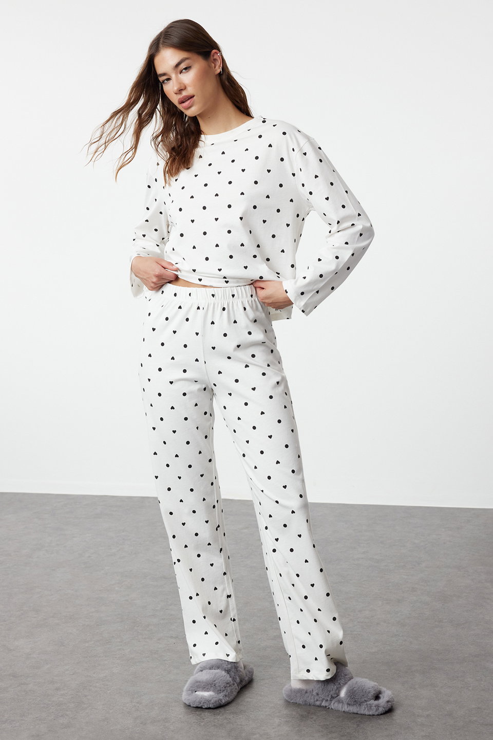 100% Cotton Polka Dot and Heart Knitted Pajama Set THMAW25PT00039