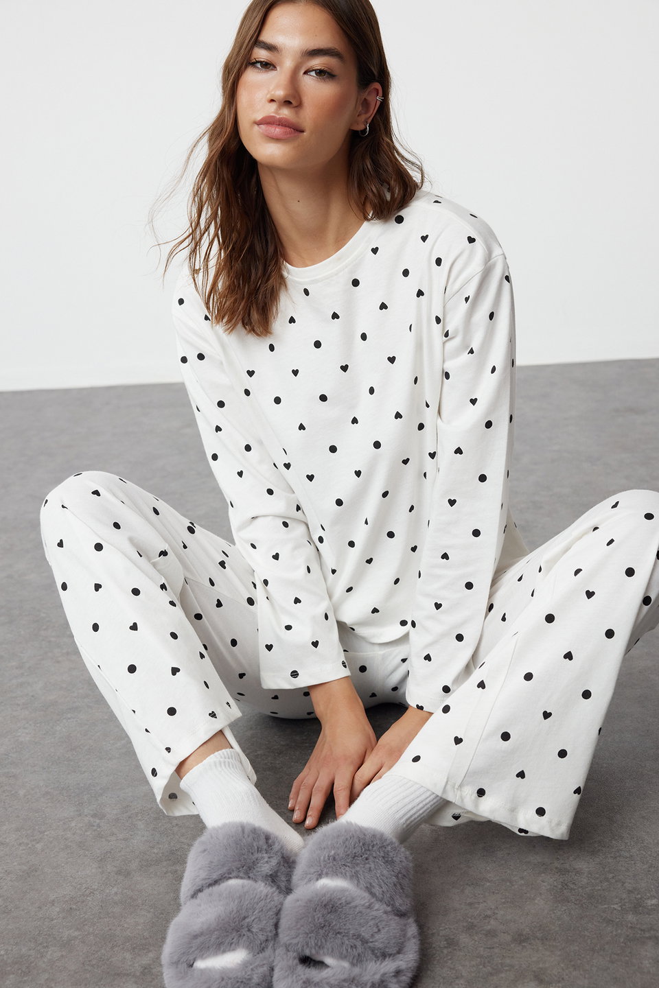 100% Cotton Polka Dot and Heart Knitted Pajama Set THMAW25PT00039