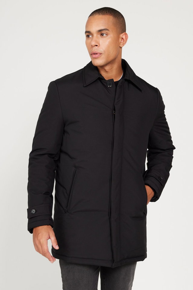 Men's Black Standard Fit Normal Cut Shirt Collar Coat