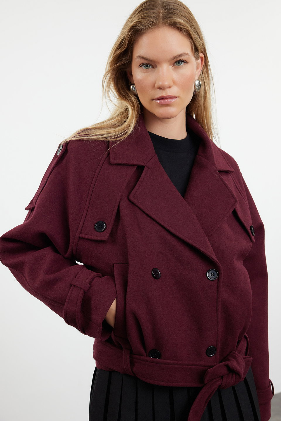 Soft Textured Seasonal Short Oversize Cashmere Jacket Coat TWOAW25KB00049