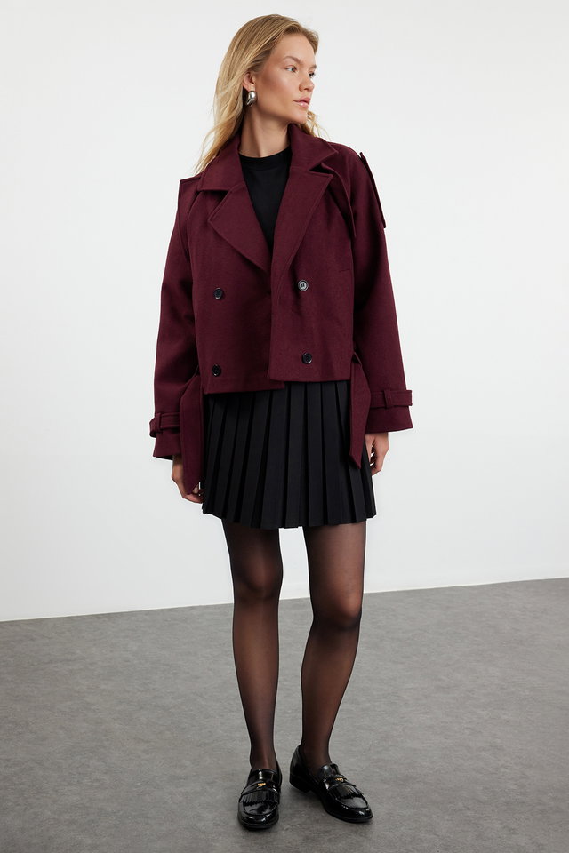 burgundy - Claret Red Soft Textured Seasonal Short Oversize Cashmere Jacket Coat TWOAW25KB00049