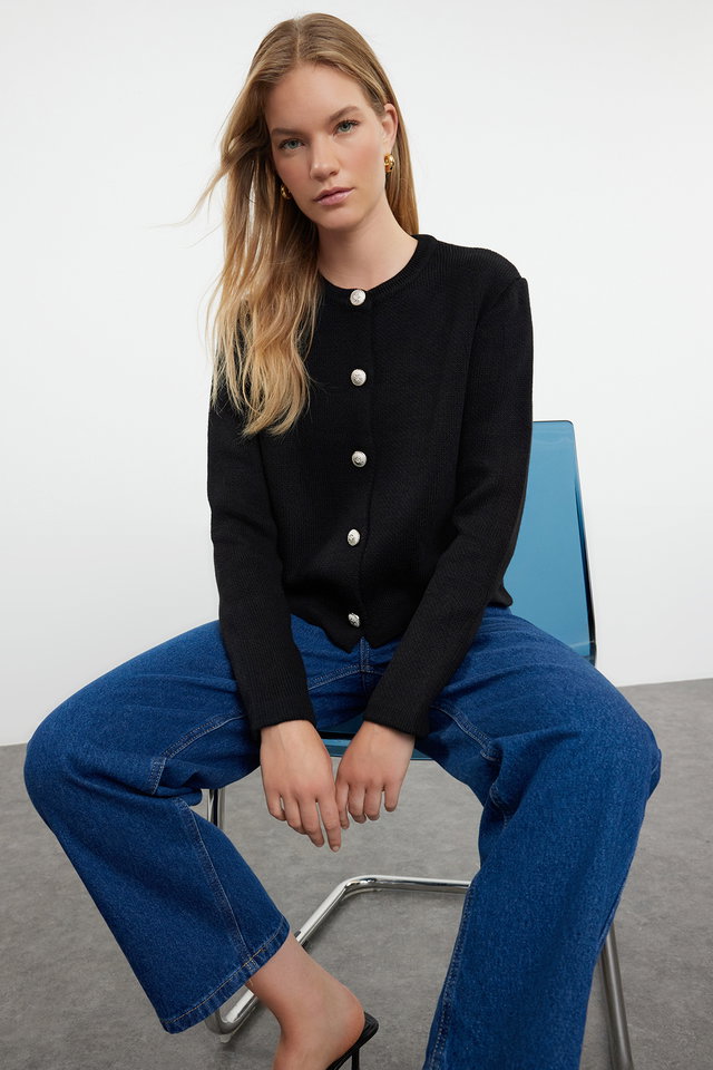 Black - Black Basic Jacket Look Knitted Cardigan TWOAW24HI00090