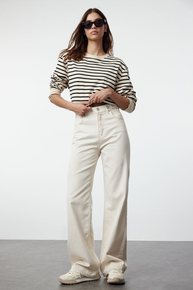 ecru - Ecru Waist Detail High Waist Wide Leg Trousers TWOAW25JE00039