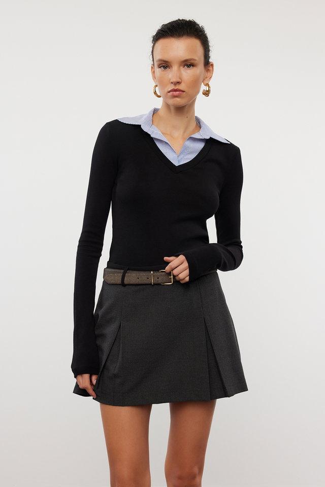 Black - Black Woven Detailed Shirt Collar Regular/Normal Fit Knitted Blouse TWOAW25BZ00035
