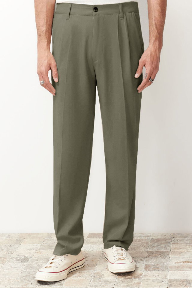 Khaki - Black Pleated Classic Baggy Fit Fabric Trousers TMNSS24PL00024
