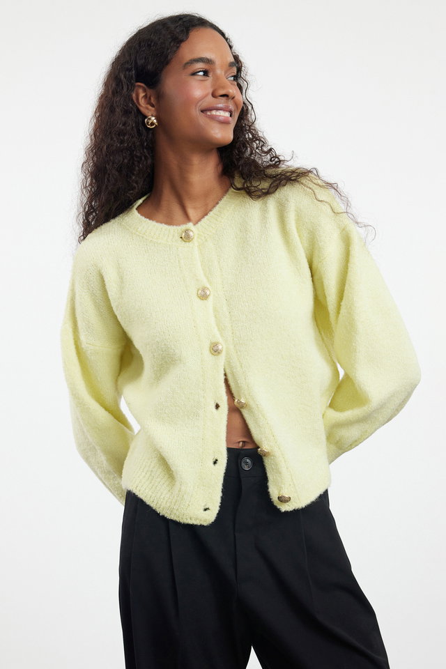 Yellow - Yellow Button Detailed Balloon Sleeve Soft Textured Coat-Looking Knitwear Cardigan Twoaw25Hi00147