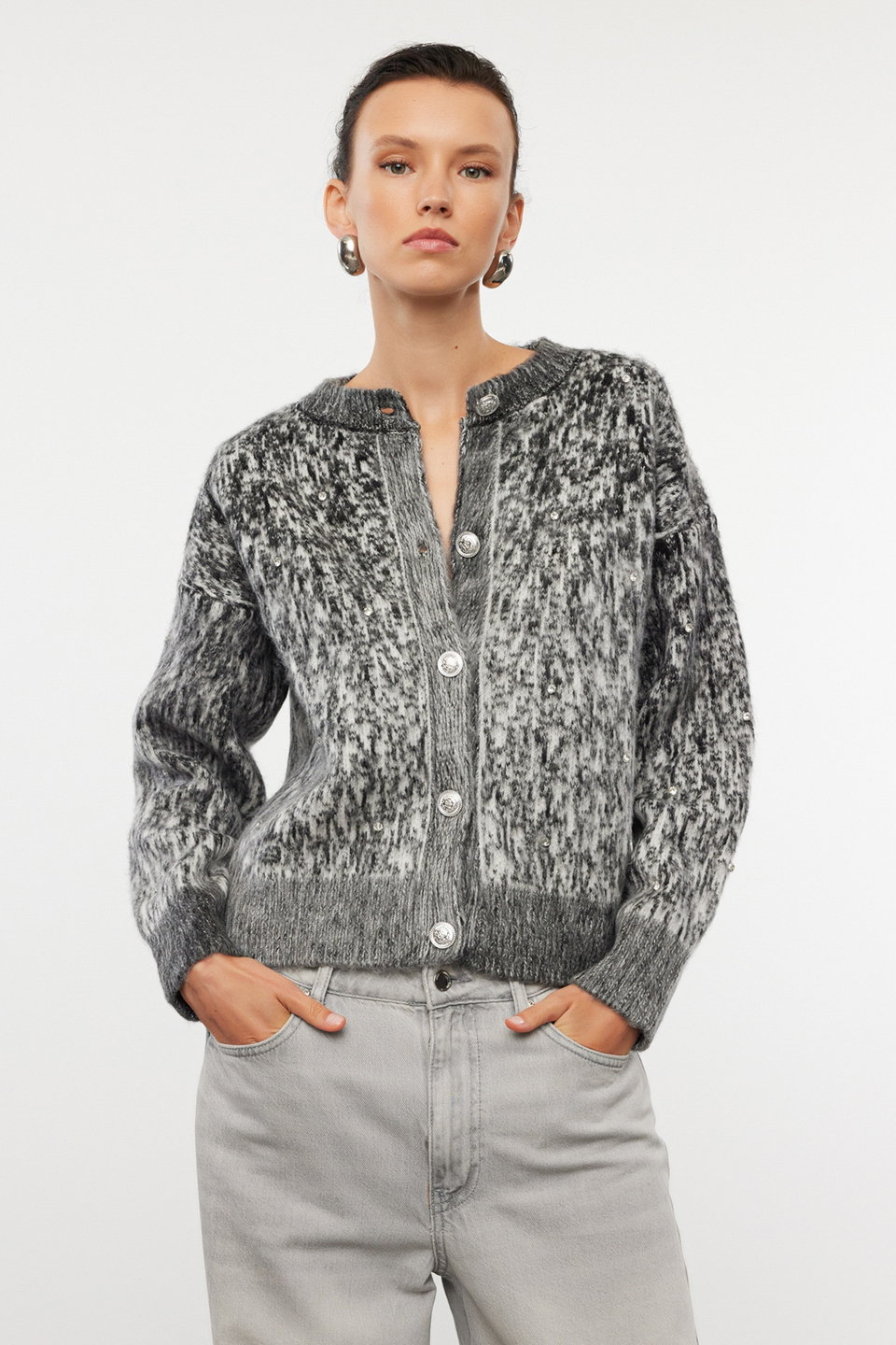 Button Detailed Soft Textured Patterned Jacket Look Knitted Cardigan TWOAW25HI00185