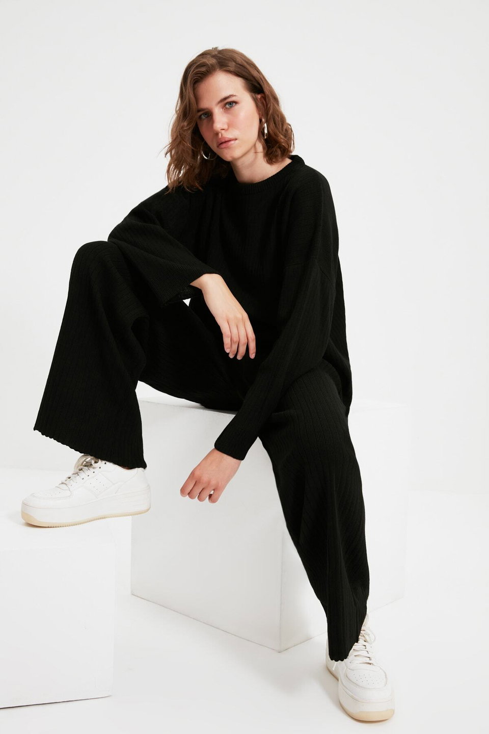 Wide Pattern Basic Ribbed Knitwear Bottom-Top Set TWOSS20AU0084