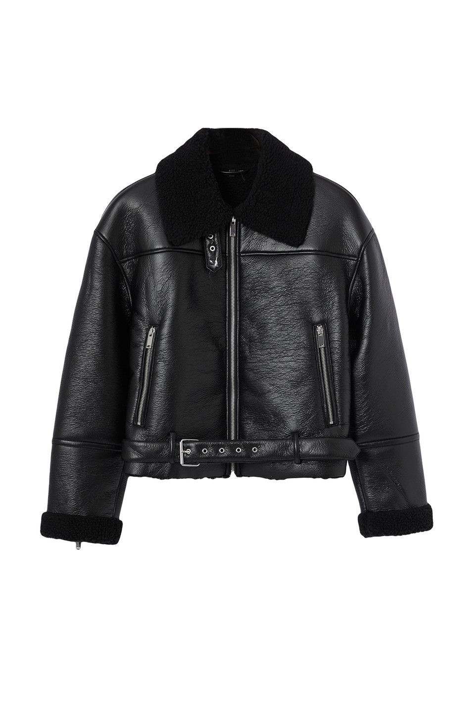 Regular Fit Plush Detailed Faux Leather Biker Jacket Coat TWOAW24MO00279