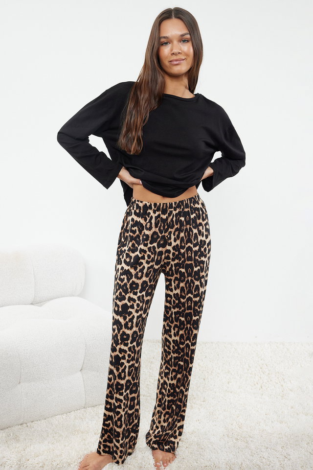 Black - Black Leopard Patterned Knitted Pajama Set THMAW25PT00100