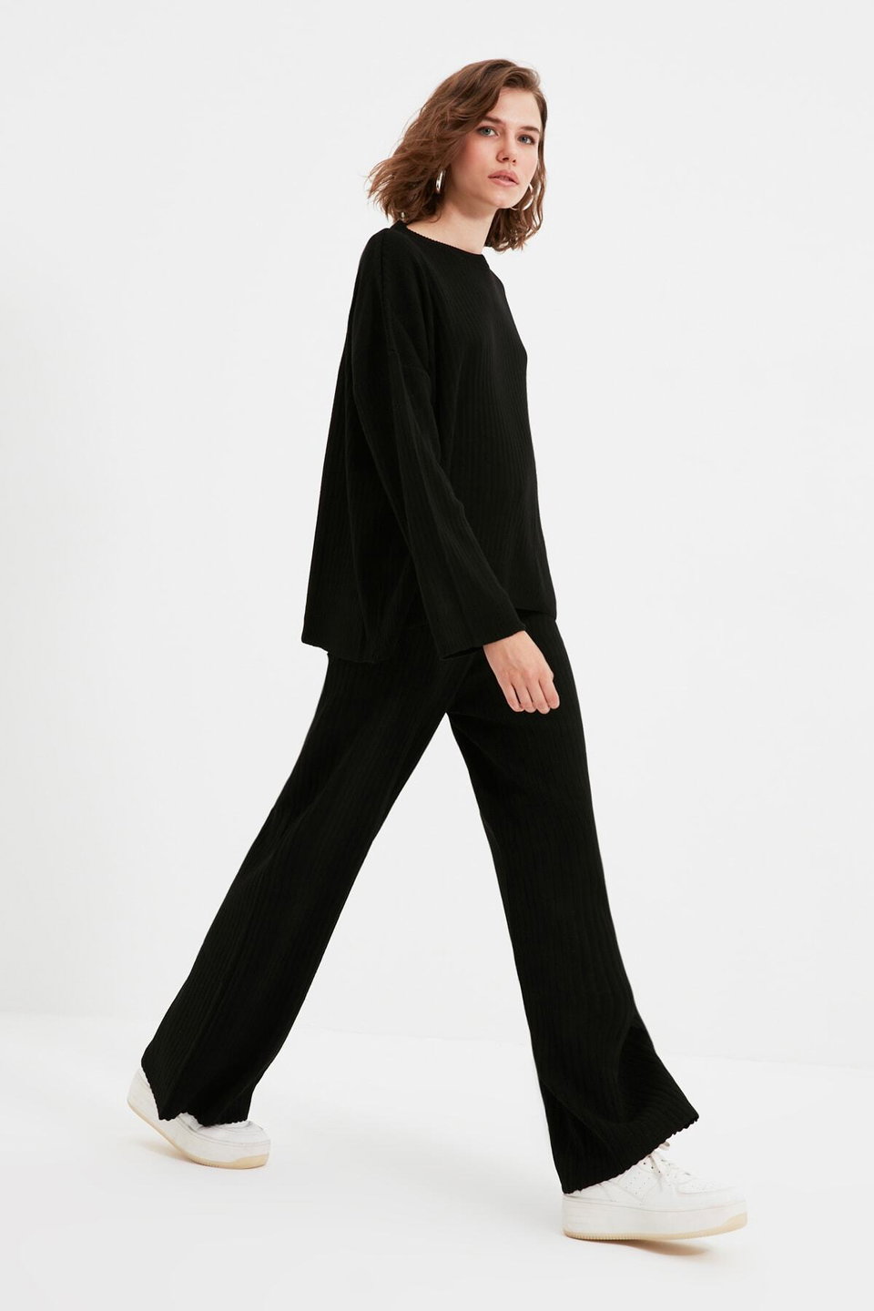 Wide Pattern Basic Ribbed Knitwear Bottom-Top Set TWOSS20AU0084