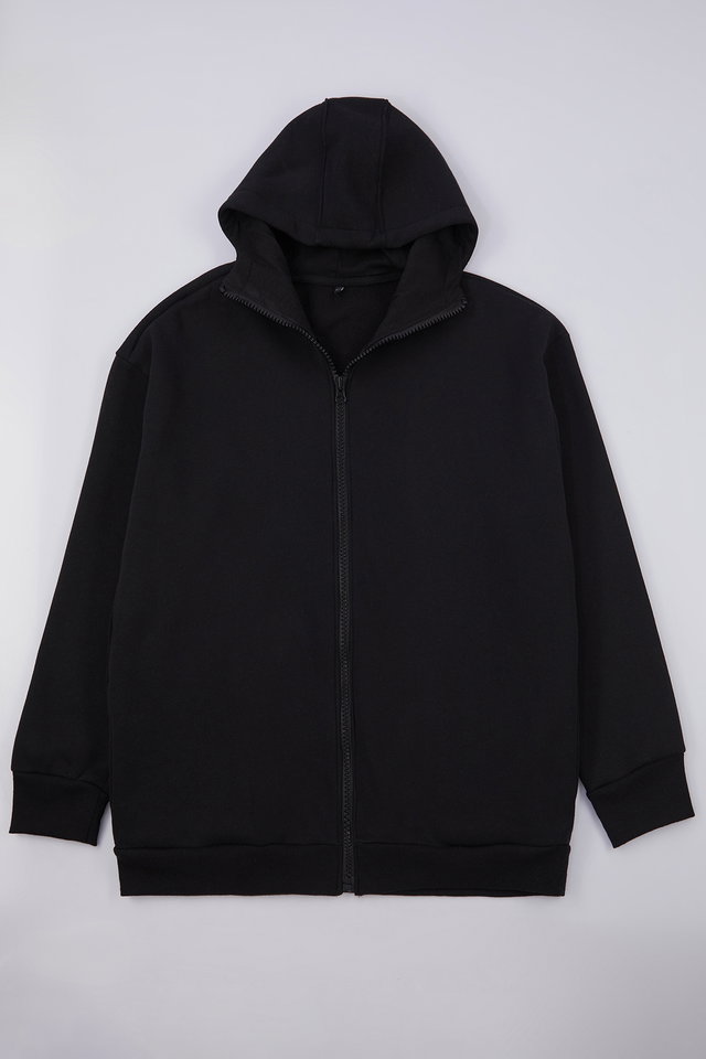Black - Plus Size Black Oversize/Wide Cut Zippered Hooded Cotton Sweatshirt TMNAW25AO00029