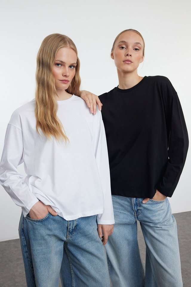 Black White - Black-White 2-Pack 100% Single Jersey Oversize/Wide Cut Knitted T-Shirt TWOAW25TS00004