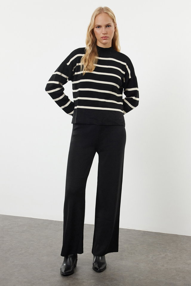 Black - Ecru Striped Knitwear Trousers Bottom-Top Set TWOAW24AU00045