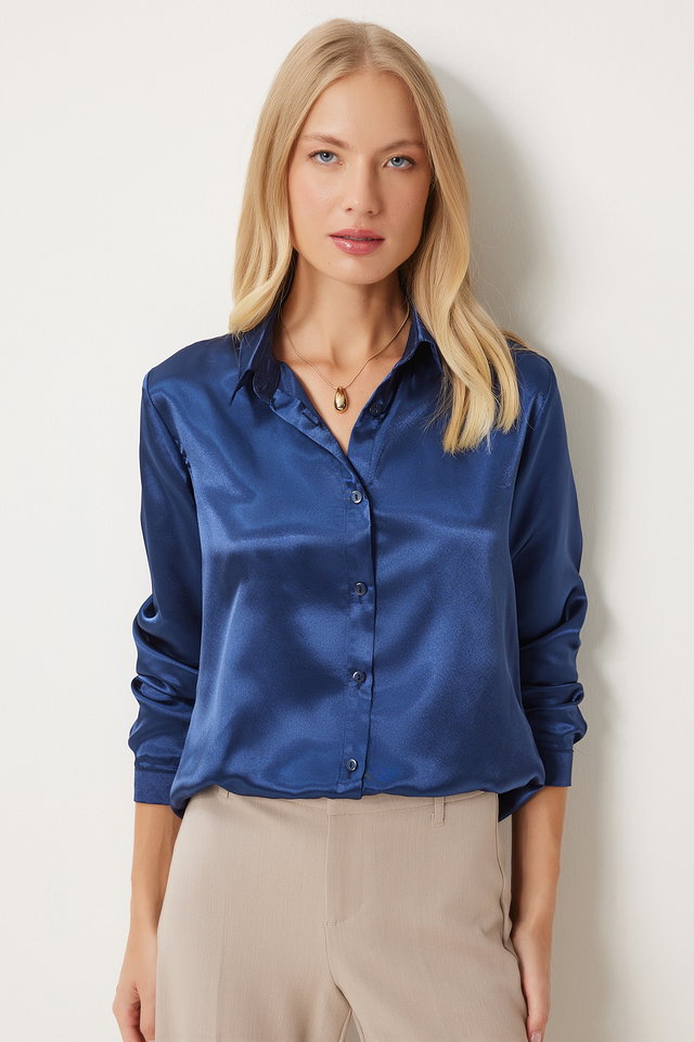 Navy blue - Women's Black Slightly Flowing Satin Shirt DD00990