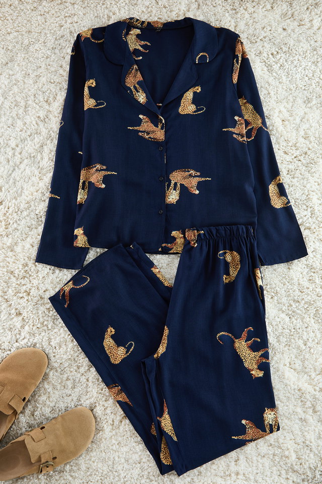 Navy blue - Navy Blue Tiger Patterned Viscose Woven Pajama Set THMAW25PT00036