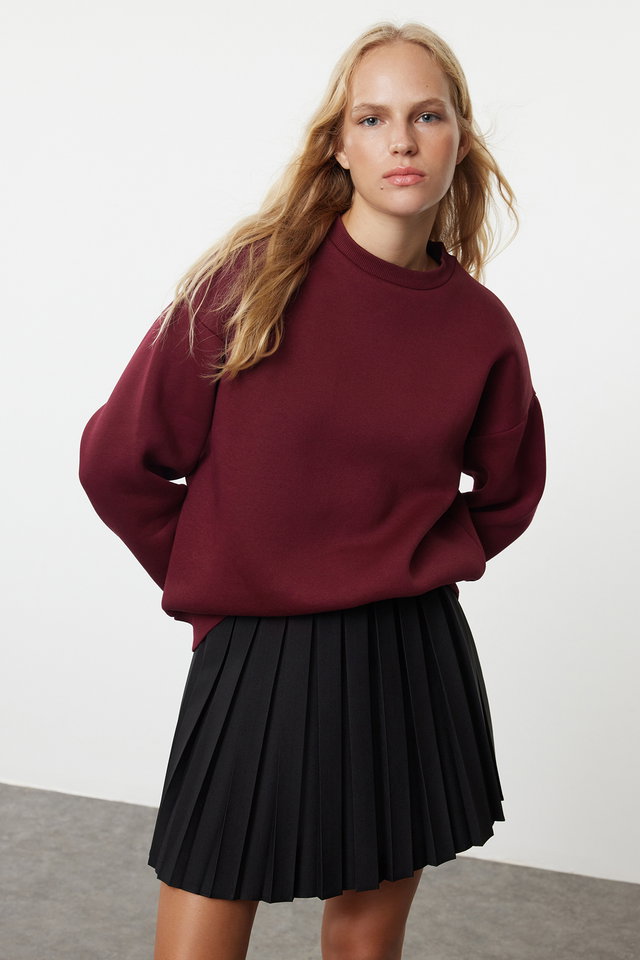 burgundy - Black Oversize/Loose Cut Crew Neck Thick/Polar inside Knitted Sweatshirt TWOAW24SW00102