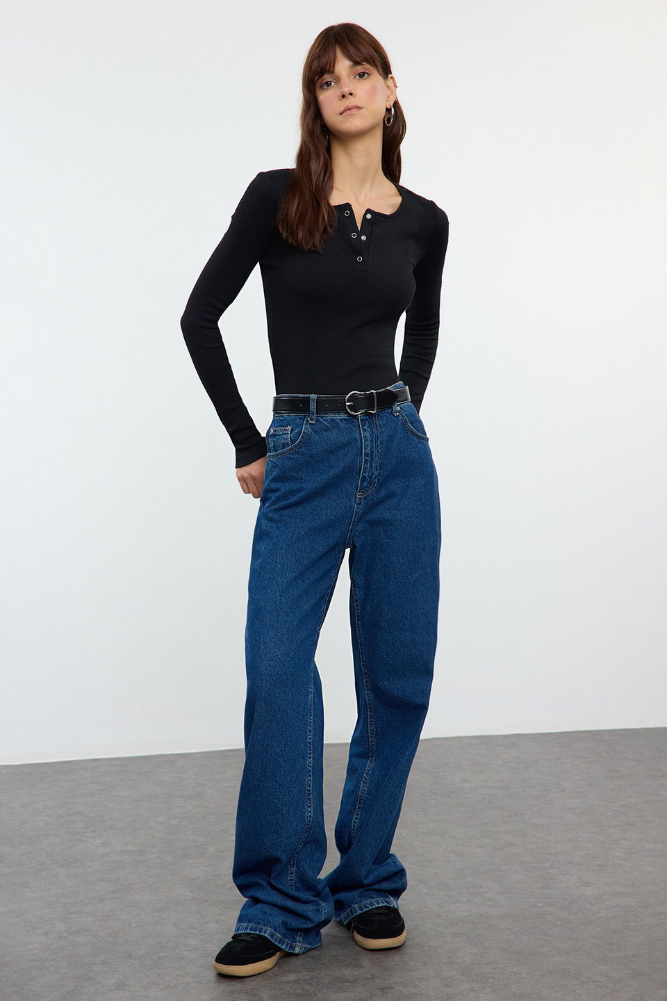 Melange Snap Fastener Fitted/Closed Ribbed Stretchy Knitted Blouse TWOAW25BZ00080