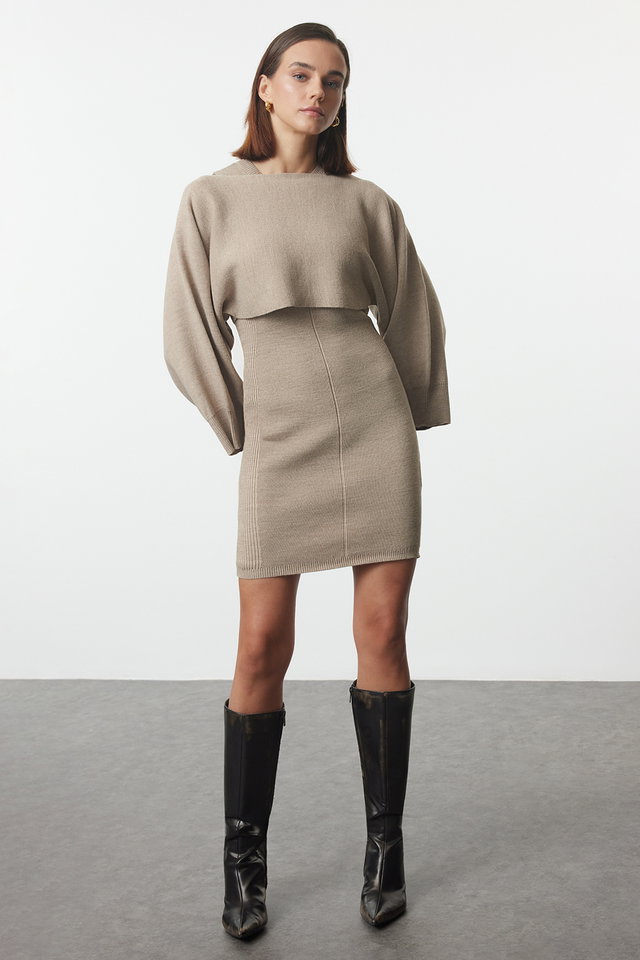 Beige - Beige Mini Knitwear Bolero-Dress Set TWOAW25EL00056