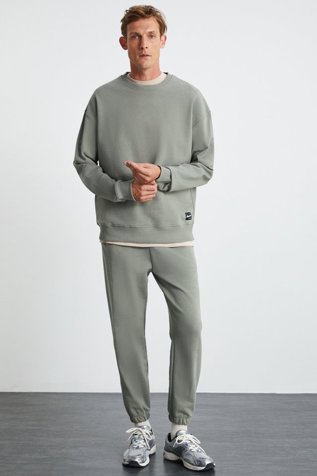 Light green - EİTAN Men's 3 Yarn Raised Regular Fit Round Neck Elastic Leg Navy Blue Tracksuit Set