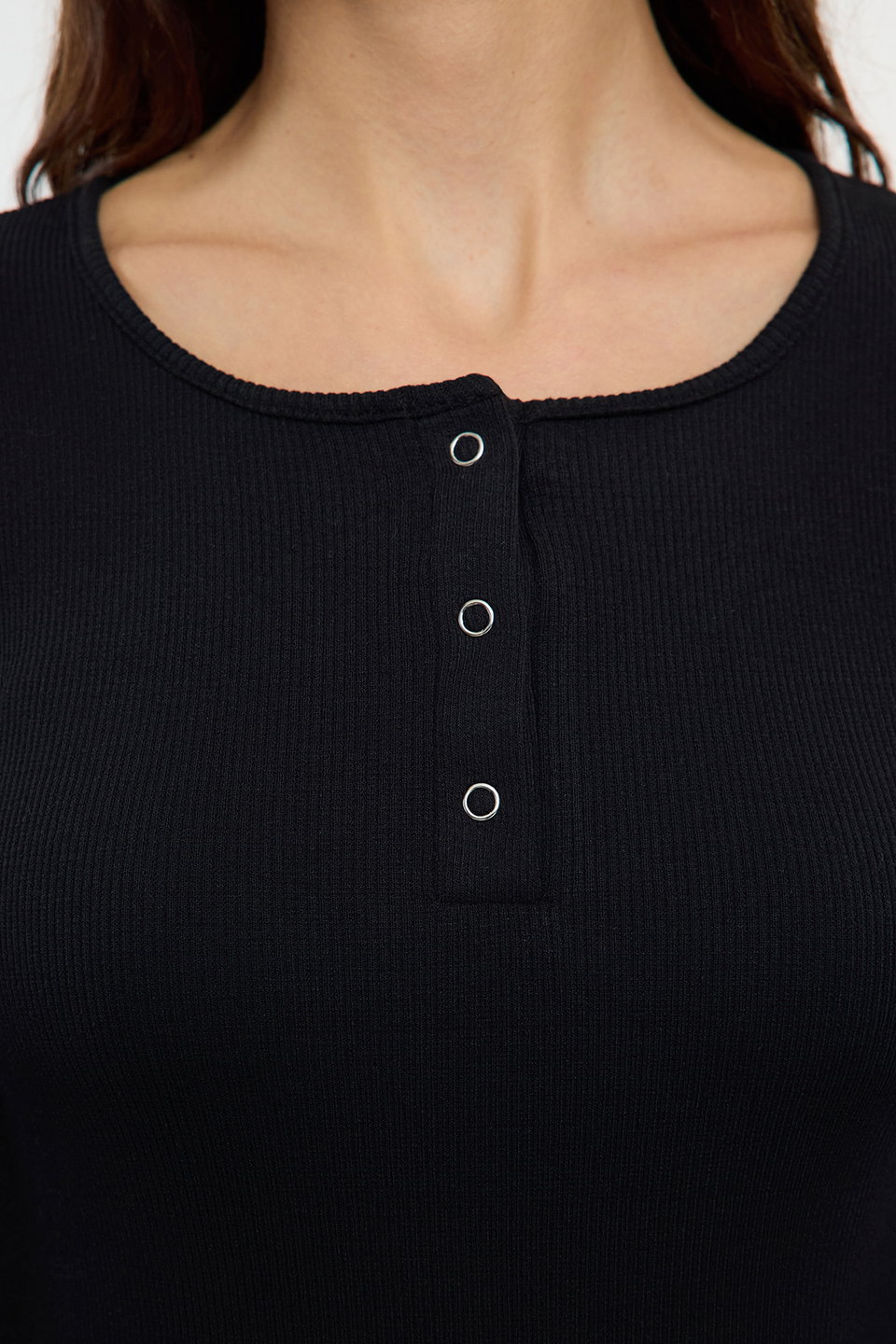 Melange Snap Fastener Fitted/Closed Ribbed Stretchy Knitted Blouse TWOAW25BZ00080