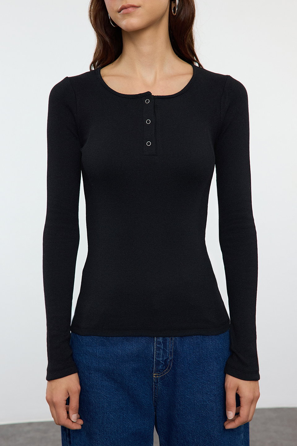 Melange Snap Fastener Fitted/Closed Ribbed Stretchy Knitted Blouse TWOAW25BZ00080