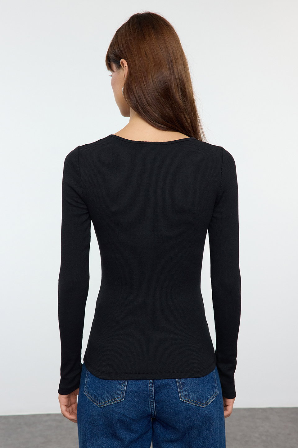 Melange Snap Fastener Fitted/Closed Ribbed Stretchy Knitted Blouse TWOAW25BZ00080