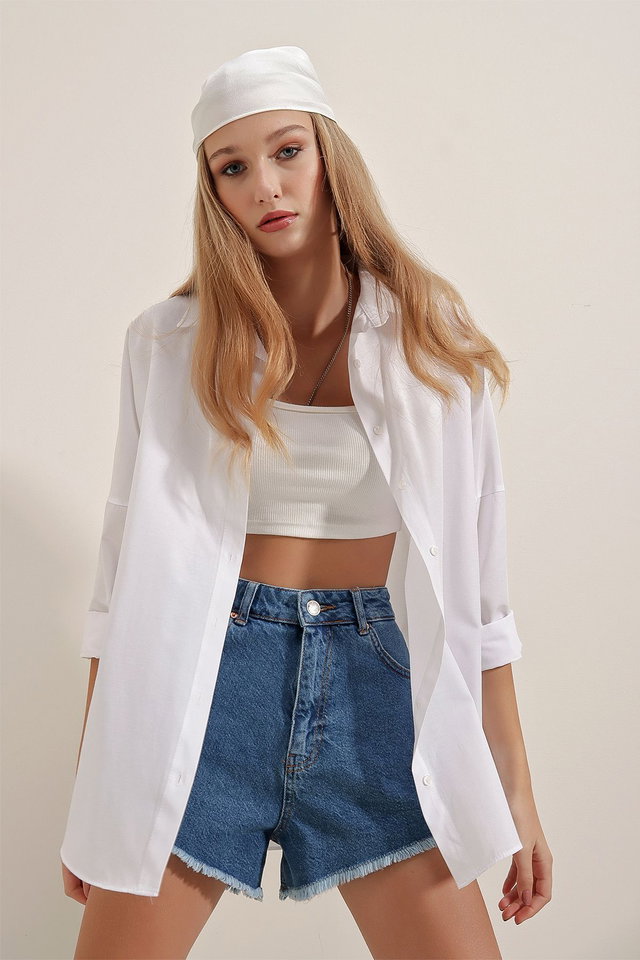 WHITE - 3900 Oversize Long Basic Shirt - Tile