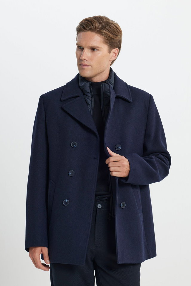 Men's Navy Blue Standard Fit Regular Cut Collar Woolen Patterned Coat
