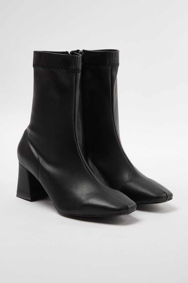 Black - Beige Stretch Zipper Women's Block Heel Boots TAKAW25BO00001