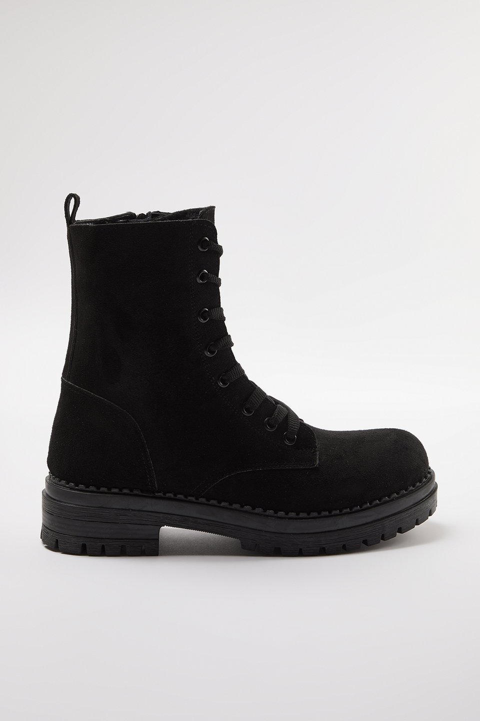 Suede Lace-Up and Zippered Short Flat Women's Combat Boots TAKAW25BO00026