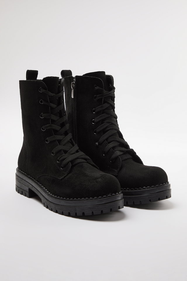Black - Black Suede Lace-Up and Zippered Short Flat Women's Combat Boots TAKAW25BO00026