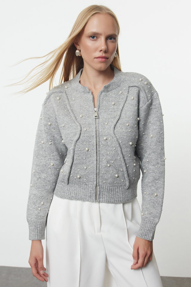 Grey - Gray Soft Textured Zippered Stone Embroidered Jacket-Look Knitwear Cardigan TWOAW25HI00168