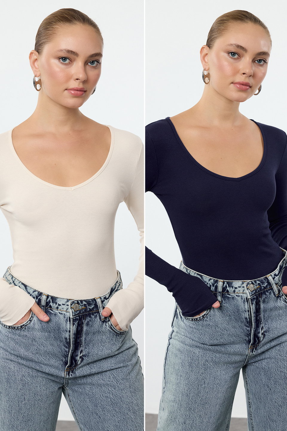 2-Pack V-Neck Fitted Cotton Stretchy Knitted Blouse TWOAW24BZ00068