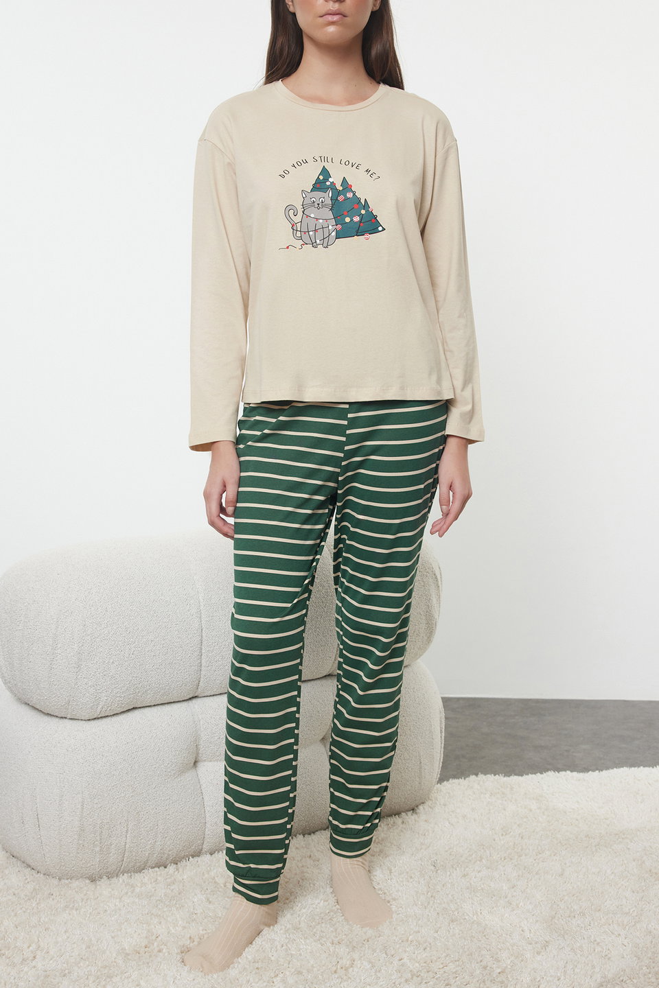Women's Couple 100% Cotton Striped Christmas Themed Knitted Pajama Set THMAW25PT00164