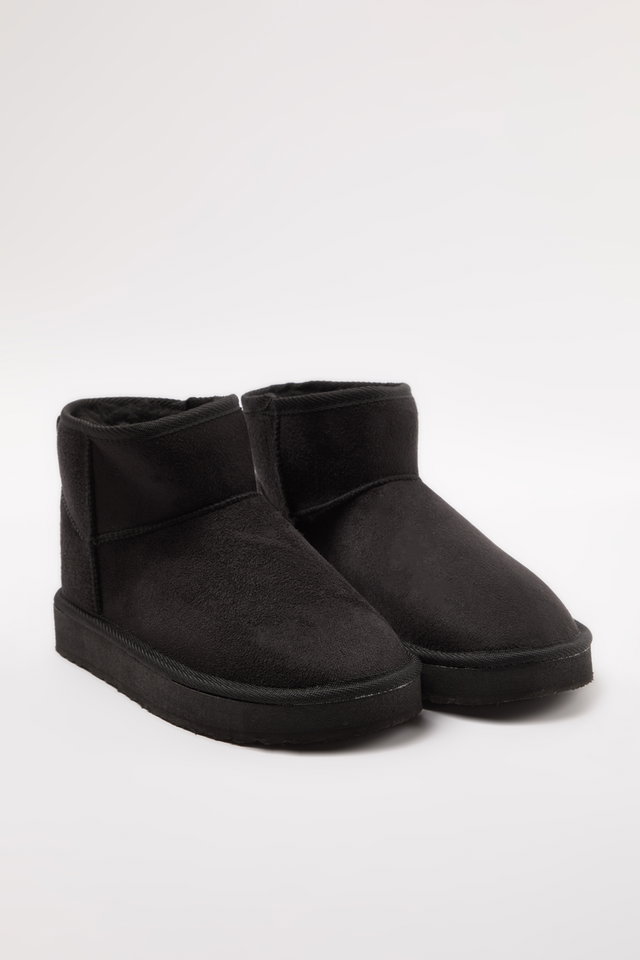 Black - Leopard Patterned Fur Lined Round Toe Flatform Heeled Women's Boots TAKAW25BO00029