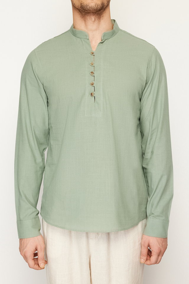 Light Khaki - Blue Slim Fit Half-Place Button-Up Collar New Shirt TMNSS20GO0097