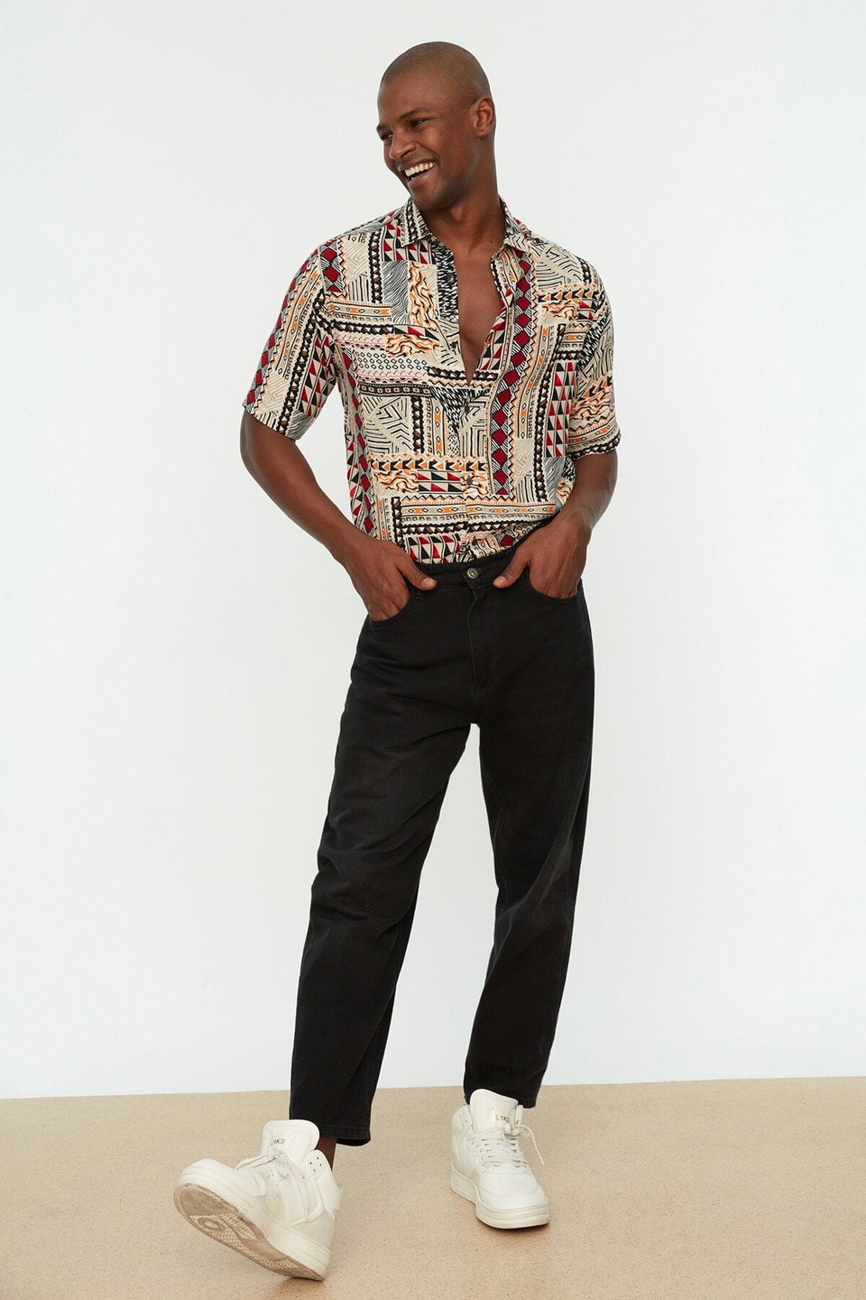 Multi Colored Regular Fit Crochet Collar 100% Viscose Short Sleeve Summer Ethnic Shirt TMNSS22GO0289