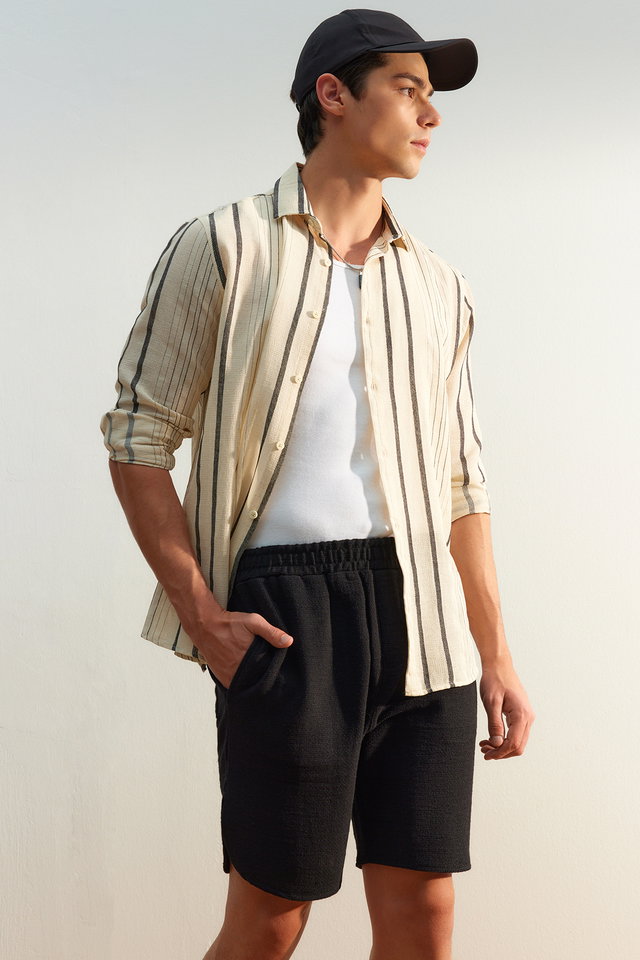 Black - Premium Regular Fit Black Striped Linen Textured Shirt TMNSS23GO00056