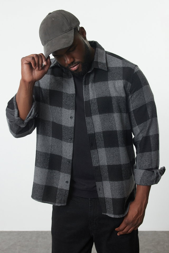Black - Plus Size Regular Fit Black Winter Plaid Lumberjack Shirt TMNAW25AX00008
