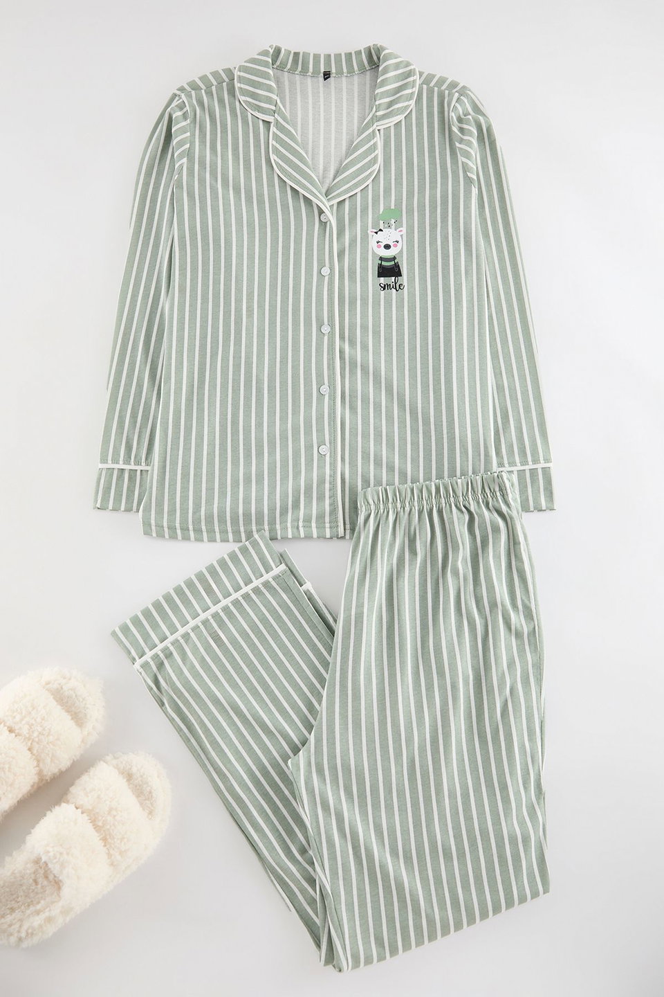 Striped Shirt Collar Piping Knitted Pajama Set TBBAW25AI00052