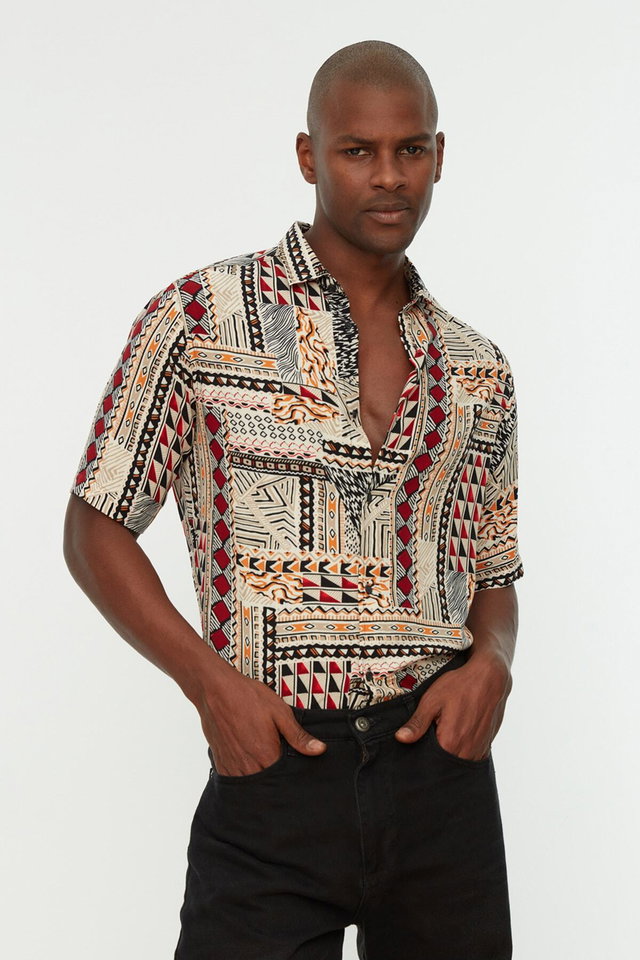 Very colorful - Multi Colored Regular Fit Crochet Collar 100% Viscose Short Sleeve Summer Ethnic Shirt TMNSS22GO0289