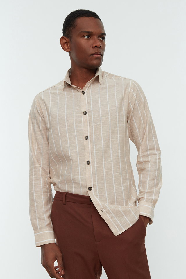 Beige - Beige Regular Fit Shirt Collar Striped Shirt TMNSS22GO0032