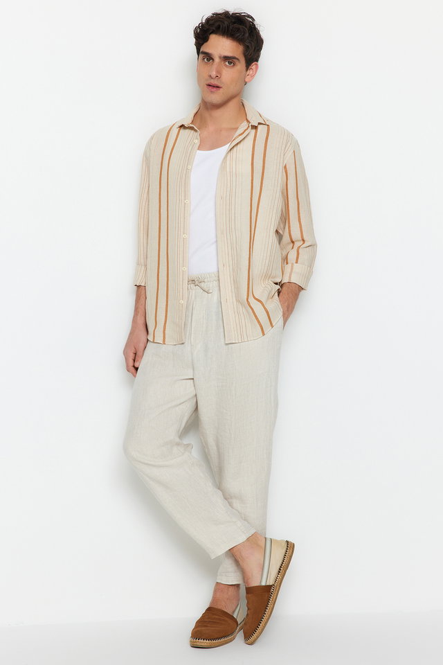 camel - Premium Regular Fit Black Striped Linen Textured Shirt TMNSS23GO00056