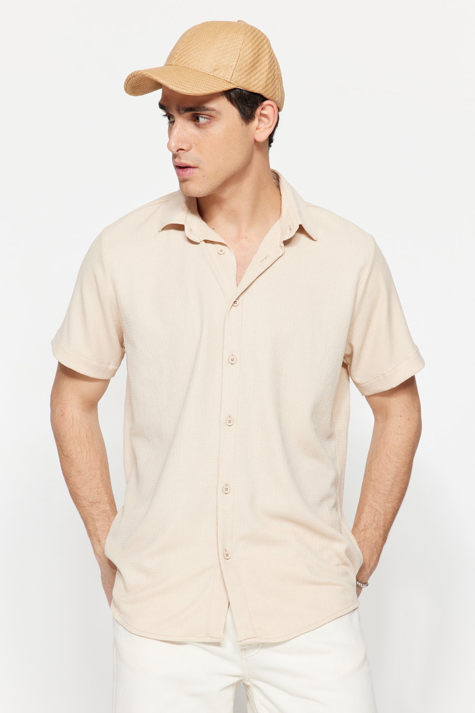 Regular Fit Short Sleeve Summer Textured Crepe Knit Shirt TMNSS23GO00055
