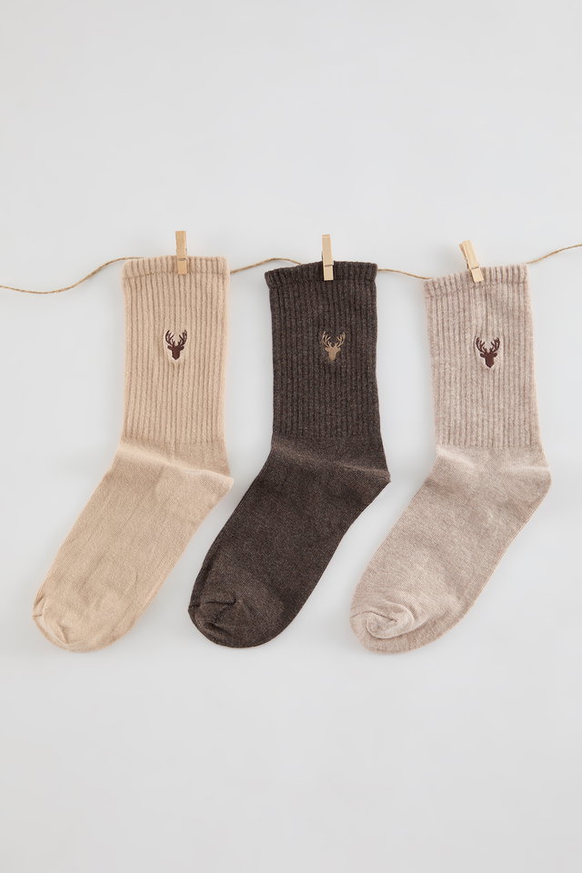 Brown - Brown Unisex 3-Pack Cotton Deer Embroidered Textured Ankle-Long Socks TMNAW25CO00008