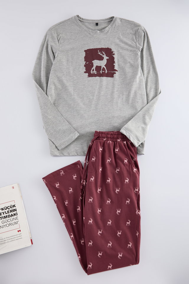 burgundy - Claret Red Deer Printed Regular Fit Knitted Pajama Set TMNAW25PT00040