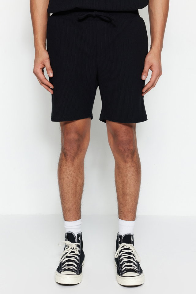 Black - Gray Regular Cut Medium Length Corded Textured Shorts TMNSS23SR00039