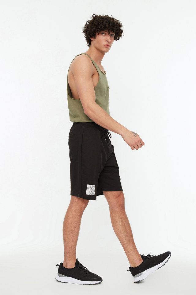 Black - Black Regular Cut Medium Length Elastic Waist Lace Stitched Printed Shorts TMNSS21SR0212