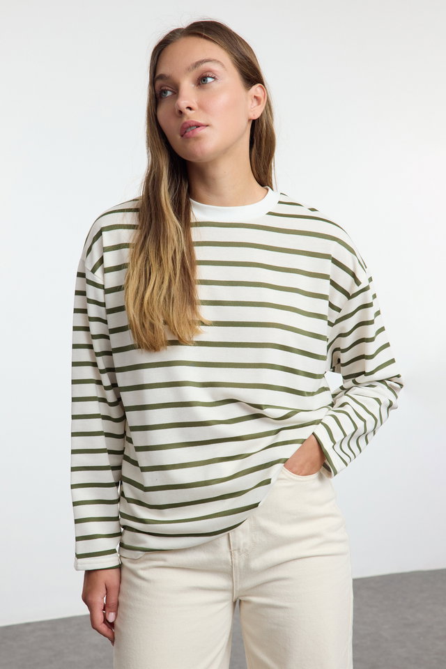 Khaki - White Striped Oversize/Wide Cut Crew Neck Thin Knitted Sweatshirt TWOAW23SW00326